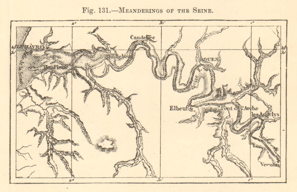 Meanderings of the Seine. France. Rouen Le Havre. SMALL sketch map 1886